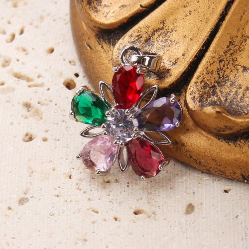 Crystal Pendants, Brass, with Crystal, Flower, plated, DIY & micro pave cubic zirconia, silver color, nickel, lead & cadmium free, 17.43x5.91x23.22mm, 20PCs/Bag, Sold By Bag