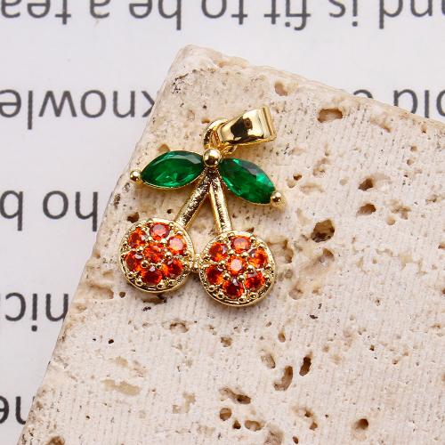 Befestigter Zirkonia Messing Anhänger, Kirsche, plattiert, DIY & Micro pave Zirkonia, goldfarben, frei von Nickel, Blei & Kadmium, 13.47x3.86x19.18mm, 20PCs/Tasche, verkauft von Tasche