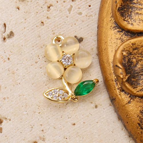 Cats Eye Pendants, Brass, with Cats Eye & Crystal, Flower, plated, DIY & micro pave cubic zirconia, mixed colors, nickel, lead & cadmium free, 12.44x3.13x16.06mm, 20PCs/Bag, Sold By Bag
