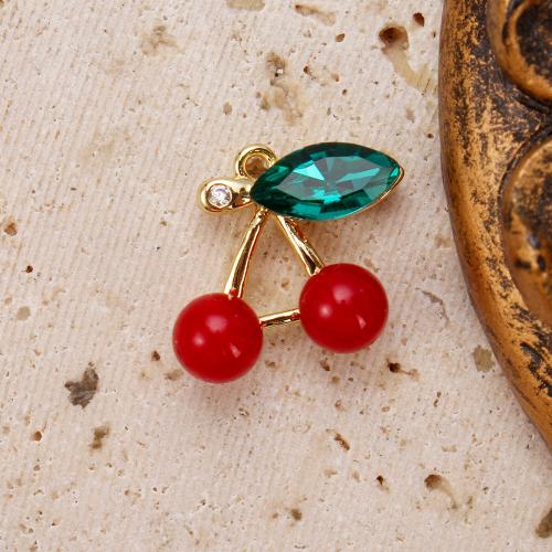 Pendentifs cristal, laiton, avec cristal, cerise, Placage, DIY & pavé de micro zircon & émail, couleurs mélangées, protéger l'environnement, sans nickel, plomb et cadmium, 14.83x5.52x17.24mm, 20PC/sac, Vendu par sac
