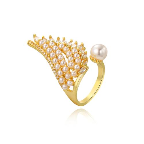 Brass Cuff Finger Ring, with Plastic Pearl, Wing Shape, gold color plated, micro pave cubic zirconia & for woman, US Ring Size:8, Sold By PC