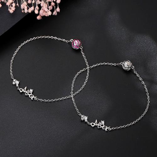 925 Sterling Silver Bracelet, Alphabet Letter, platinum plated, for woman & with rhinestone, more colors for choice, Length:Approx 6.7 Inch, Sold By PC