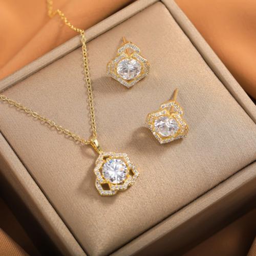 Brass Jewelry Set, Stud Earring & necklace, Flower, plated, 2 pieces & for woman & with rhinestone, more colors for choice, necklace length 17inch, earring size 11.5x11.5mm, Sold By Set