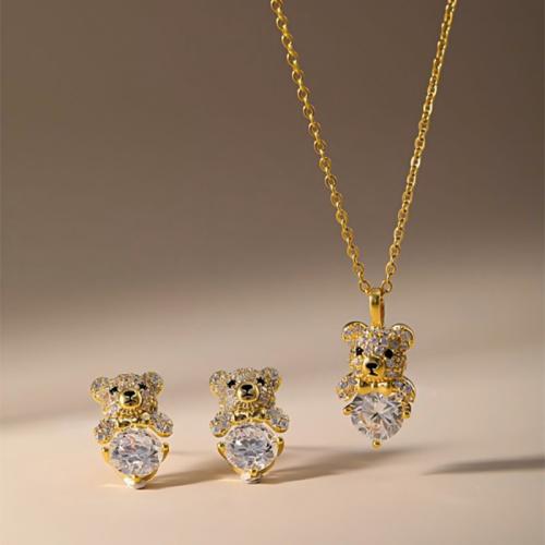 Brass Jewelry Set, Stud Earring & necklace, Bear, plated, 2 pieces & for woman & with rhinestone, more colors for choice, Sold By Set