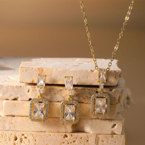 Brass Jewelry Set, earring & necklace, Geometrical Pattern, plated, 2 pieces & for woman & with rhinestone, more colors for choice, Sold By Set