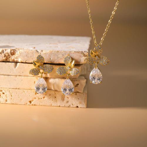 Brass Jewelry Set, earring & necklace, Teardrop, plated, 2 pieces & for woman & with rhinestone, more colors for choice, Sold By Set