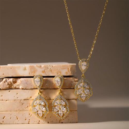Brass Jewelry Set, earring & necklace, plated, 2 pieces & for woman & with rhinestone, more colors for choice, Sold By Set
