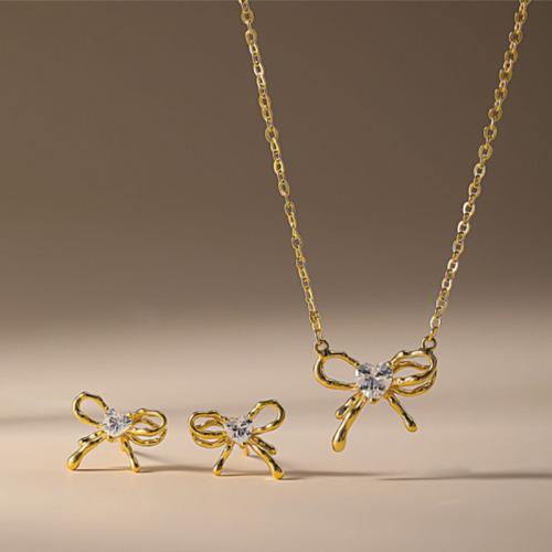 Brass Jewelry Set, Stud Earring & necklace, Bowknot, plated, 2 pieces & for woman & with rhinestone, more colors for choice, Sold By Set