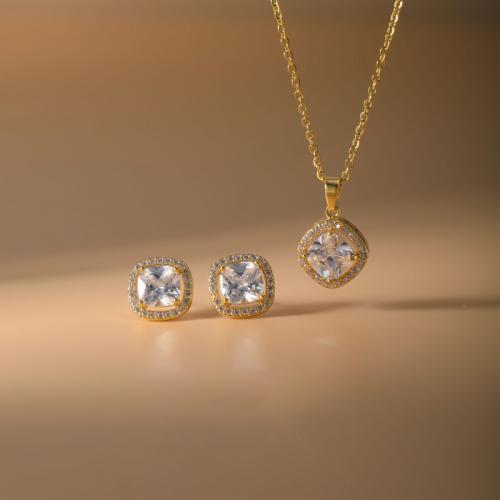 Brass Jewelry Set, Stud Earring & necklace, Square, plated, 2 pieces & for woman & with rhinestone, more colors for choice, Sold By Set