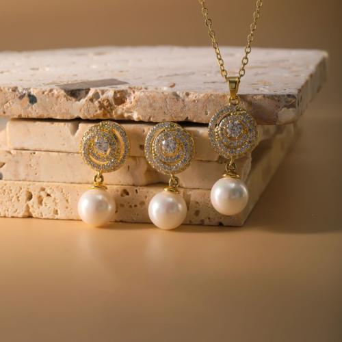 Brass Jewelry Set, earring & necklace, with Plastic Pearl, plated, 2 pieces & for woman & with rhinestone, more colors for choice, Sold By Set