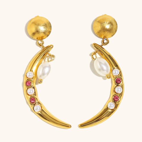 Stainless Steel Drop Earring, 304 Stainless Steel, with Plastic Pearl, Horn, 18K gold plated, fashion jewelry & for woman & with rhinestone, Sold By Pair