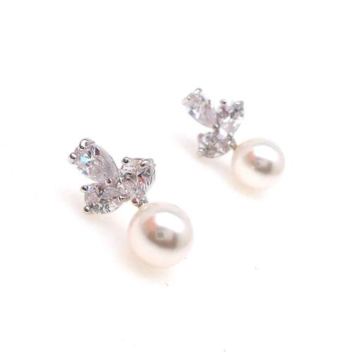 Cubic Zirconia Micro Pave Brass Earring, with Plastic Pearl, plated, fashion jewelry & micro pave cubic zirconia & for woman, more colors for choice, Sold By Pair