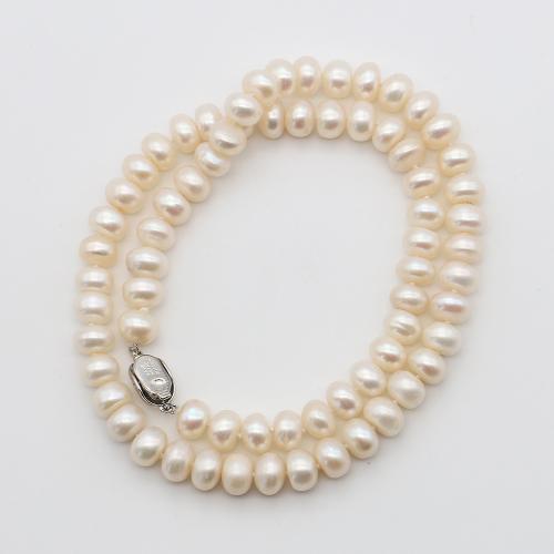 Natural Freshwater Pearl Necklace, with 304 Stainless Steel, Flat Round, plated, fashion jewelry, white, 7-8mm, Length:42 cm, Sold By PC