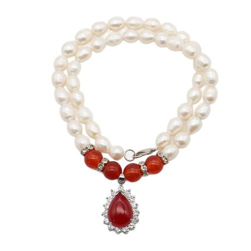 Natural Freshwater Pearl Necklace, with Red Agate & 304 Stainless Steel & Tibetan Style, Rice, fashion jewelry & micro pave cubic zirconia, mixed colors, 8-9mm, Sold Per 44 cm Strand