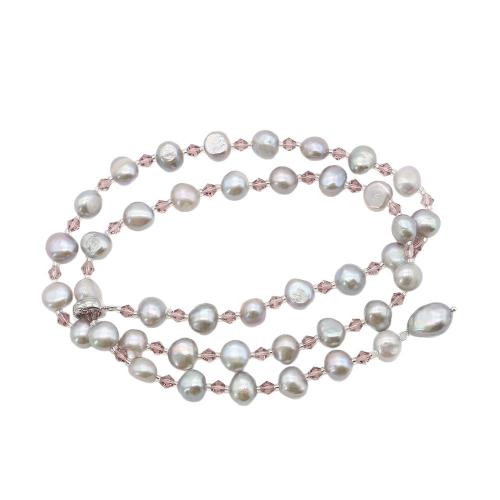 Natural Freshwater Pearl Long Necklace, with Crystal & 304 Stainless Steel, irregular, fashion jewelry, mixed colors, 8-9mm, Sold Per 62 cm Strand