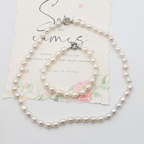 Natural Cultured Freshwater Pearl Jewelry Sets, bracelet & necklace, with 304 Stainless Steel, irregular, fashion jewelry, white, pearl size 6-7mm, Sold By Set