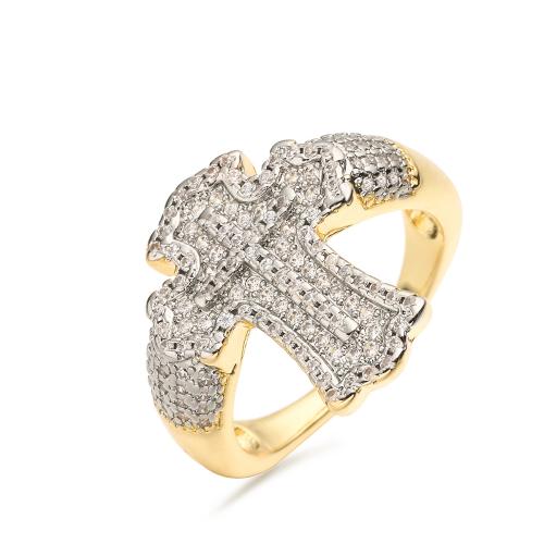 Cubic Zirconia Micro Pave Brass Ring, Cross, plated, fashion jewelry & micro pave cubic zirconia & for woman, golden, Sold By PC