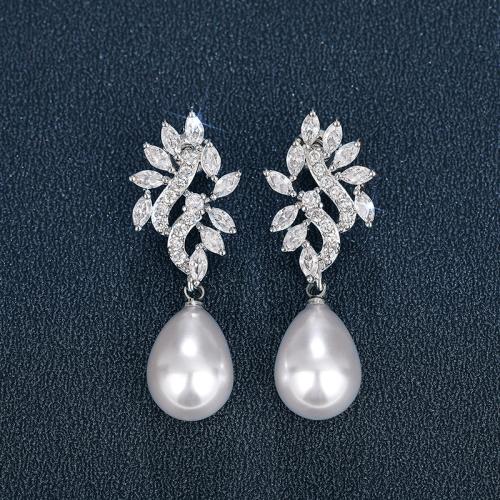 Befestiger Zirkonia Messing Ohrring, Zinklegierung, mit Kunststoff Perlen, plattiert, Micro pave Zirkonia & für Frau & hohl, verkauft von Paar