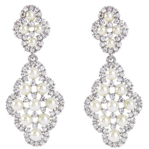 Tibetan Style Drop Earrings, with Plastic Pearl, plated, for woman & with rhinestone & hollow, Sold By Pair