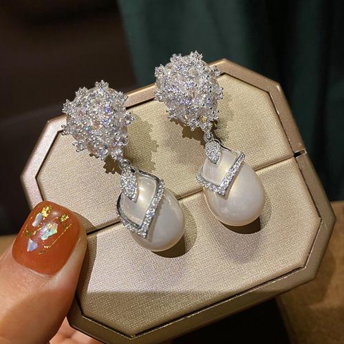 Cubic Zirconia Micro Pave Brass Earring, with Plastic Pearl, plated, fashion jewelry & micro pave cubic zirconia & for woman, more colors for choice, Sold By Pair