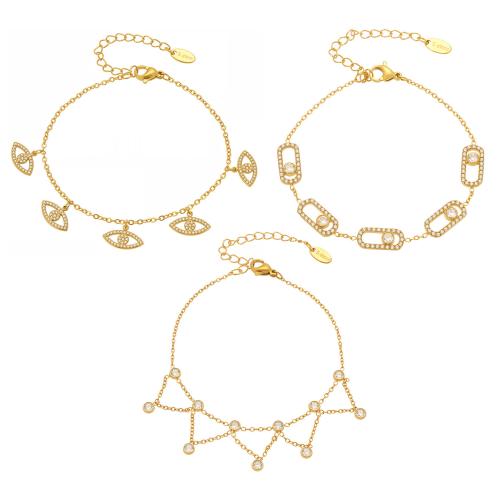 Stainless Steel Jewelry Bracelet, 304 Stainless Steel, with Cubic Zirconia, 18K gold plated, different materials for choice & different size for choice & for woman & hollow, Sold By PC