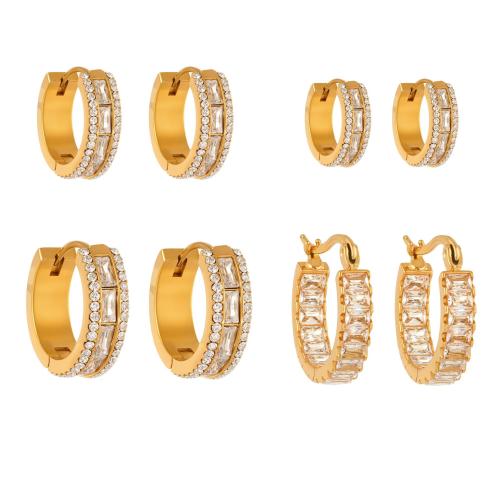 Stainless Steel Huggie Hoop Earring, 304 Stainless Steel, plated, different styles for choice & micro pave cubic zirconia & for woman, more colors for choice, Sold By Pair