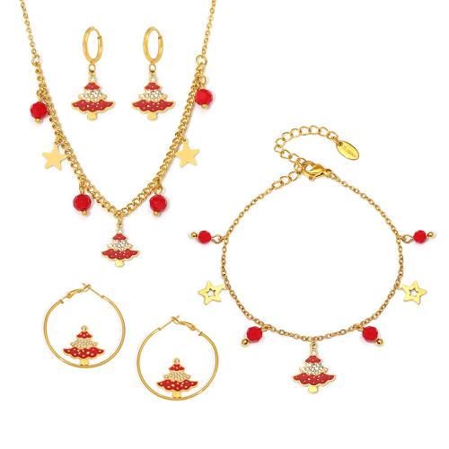 Emaille Edelstahl Schmuck Set, 304 Edelstahl, mit Granat, plattiert, Weihnachts-Design & verschiedene Stile für Wahl & Micro pave Zirkonia & für Frau, goldfarben, verkauft von PC