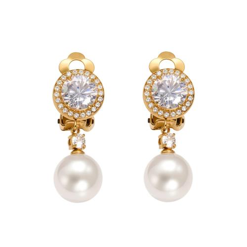 Stainless Steel Drop Earring, 304 Stainless Steel, with Shell Pearl, plated, different styles for choice & micro pave cubic zirconia & for woman, golden, Sold By Pair