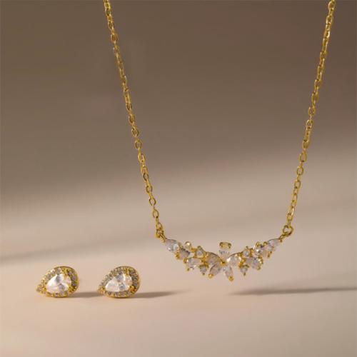 Brass Jewelry Set, Stud Earring & necklace, Teardrop, plated, 2 pieces & for woman & with rhinestone, more colors for choice, Sold By Set