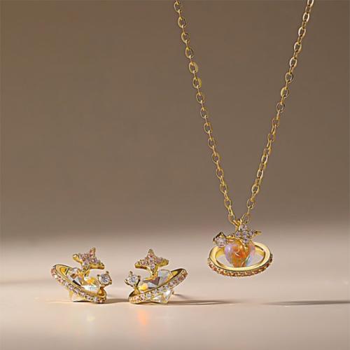 Brass Jewelry Set, Stud Earring & necklace, plated, 2 pieces & for woman & with rhinestone, more colors for choice, Sold By Set