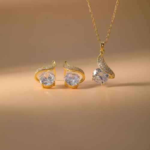Brass Jewelry Set, Stud Earring & necklace, plated, 2 pieces & for woman & with rhinestone, more colors for choice, Sold By Set