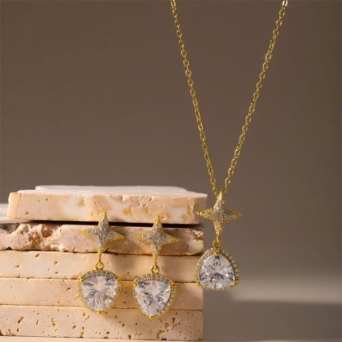 Brass Jewelry Set, Stud Earring & necklace, plated, 2 pieces & for woman & with rhinestone, more colors for choice, Sold By Set