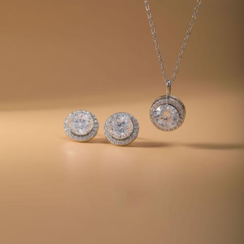 Brass Jewelry Set, Stud Earring & necklace, Round, plated, 2 pieces & for woman & with rhinestone, Sold By Set