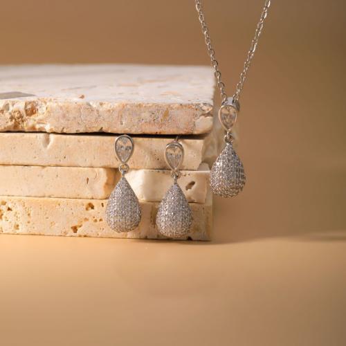 Brass Jewelry Set, earring & necklace, Teardrop, plated, 2 pieces & for woman & with rhinestone, Sold By Set
