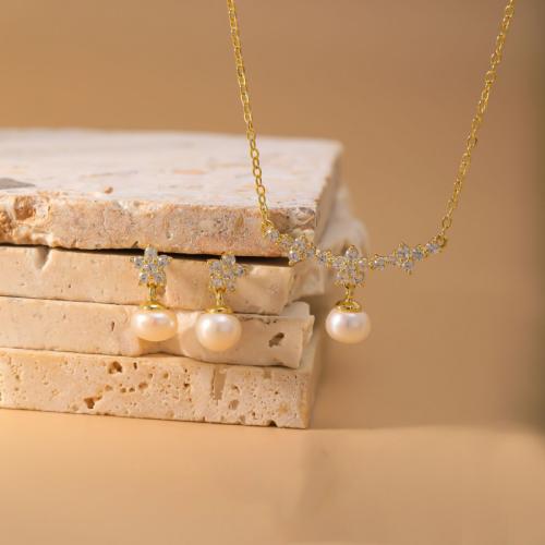 Brass Jewelry Set, earring & necklace, with Plastic Pearl, gold color plated, 2 pieces & for woman & with rhinestone, Sold By Set
