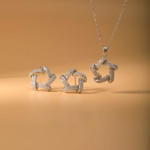 Brass Jewelry Set, Stud Earring & necklace, plated, 2 pieces & for woman & with rhinestone, Sold By Set