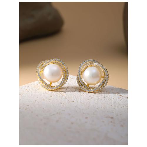 Brass Stud Earring, with Plastic Pearl, gold color plated, for woman & with rhinestone & hollow, 15x15mm, Sold By Pair