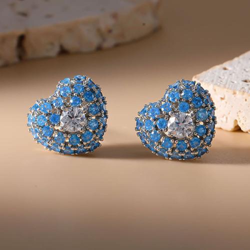 Brass Stud Earring, Heart, plated, micro pave cubic zirconia & for woman, 12x12mm, Sold By Pair