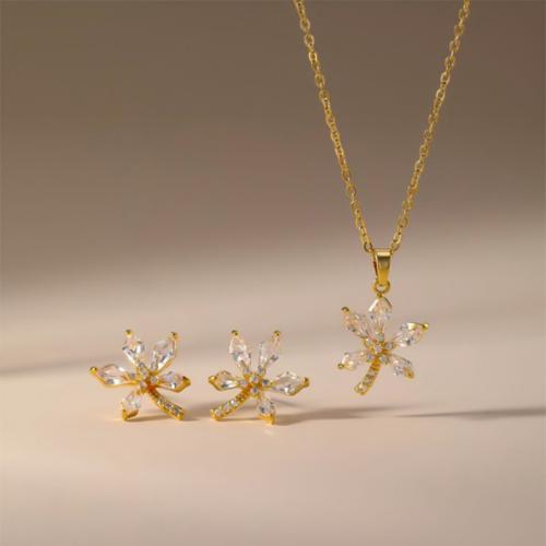 Brass Jewelry Set, Stud Earring & necklace, Maple Leaf, plated, 2 pieces & for woman & with rhinestone, more colors for choice, Sold By Set