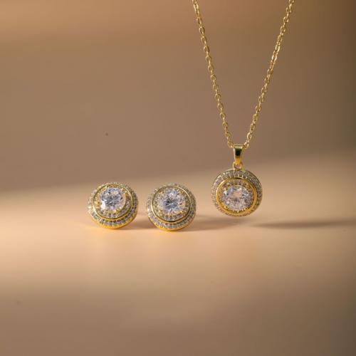 Brass Jewelry Set, Stud Earring & necklace, Round, plated, 2 pieces & for woman & with rhinestone, more colors for choice, Sold By Set