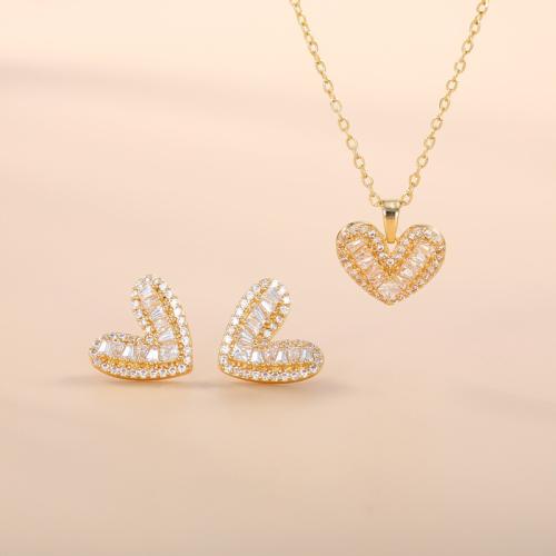 Brass Jewelry Set, Stud Earring & necklace, Heart, plated, 2 pieces & micro pave cubic zirconia & for woman, more colors for choice, Sold By Set