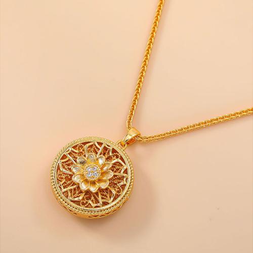 Copper Alloy Necklace, Round, gold color plated, for woman & with rhinestone & hollow, Length:Approx 17 Inch, Sold By PC