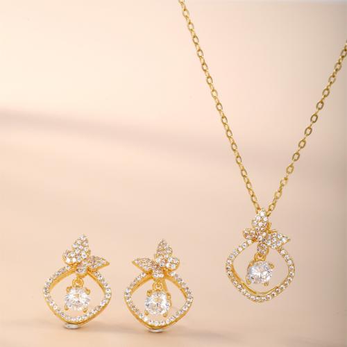 Brass Jewelry Set, Stud Earring & necklace, plated, 2 pieces & micro pave cubic zirconia & for woman, more colors for choice, Sold By Set