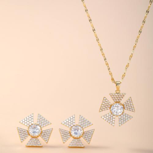 Brass Jewelry Set, Stud Earring & necklace, Pinwheel, plated, 2 pieces & micro pave cubic zirconia & for woman, more colors for choice, Sold By Set