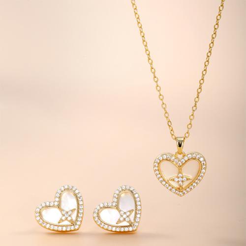 Brass Jewelry Set, with White Shell, Heart, plated, 2 pieces & micro pave cubic zirconia & for woman, more colors for choice, Sold By Set