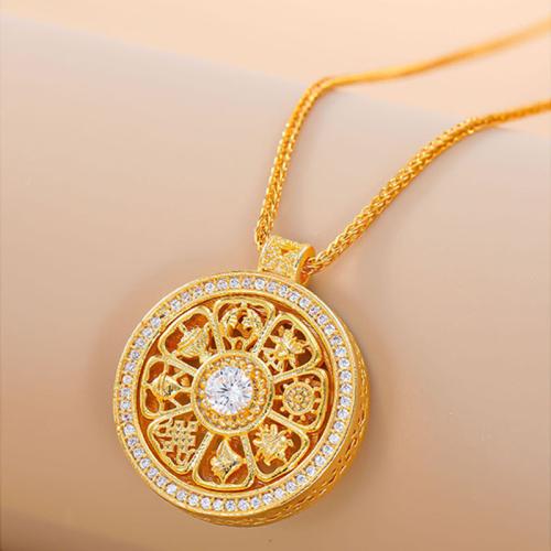 Copper Alloy Necklace, Flat Round, gold color plated, rotatable & for woman & with rhinestone & hollow, Length:Approx 17 Inch, Sold By PC