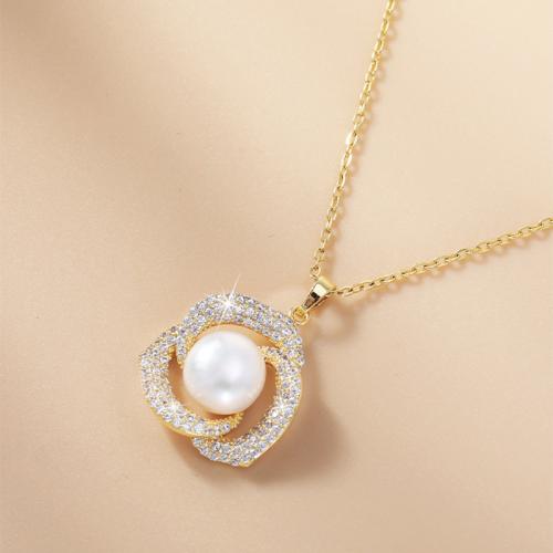 Brass Necklace, with Plastic Pearl, gold color plated, micro pave cubic zirconia & for woman & hollow, Length:Approx 15.5 Inch, Sold By PC