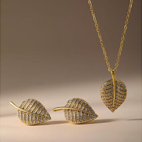 Brass Jewelry Set, Stud Earring & necklace, Leaf, plated, 2 pieces & micro pave cubic zirconia & for woman, more colors for choice, Sold By Set
