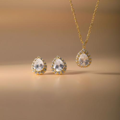 Brass Jewelry Set, Stud Earring & necklace, Teardrop, plated, 2 pieces & micro pave cubic zirconia & for woman, more colors for choice, Sold By Set