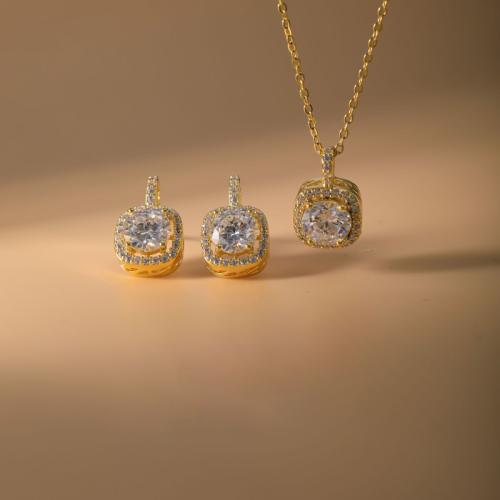 Brass Jewelry Set, Stud Earring & necklace, Geometrical Pattern, plated, 2 pieces & micro pave cubic zirconia & for woman, more colors for choice, Sold By Set